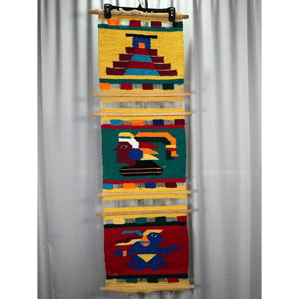 VTG Peruvian Handwoven Wool Wall Hanging Textile Art Pyramid Indigenous 48x15